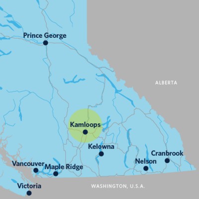 A map showing Kamloops in BC