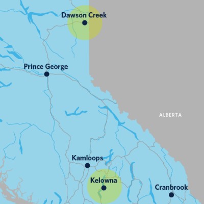 A map showing Dawson Creek and Kelowna, with a large distance between the two